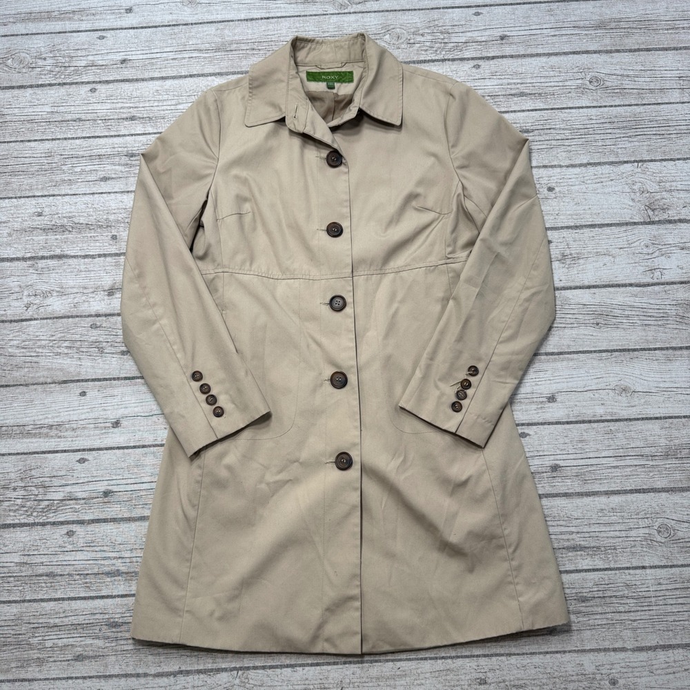 Roxy Trench Coat Women's Medium Tan Button Front Classic Fit Utility Outerwear